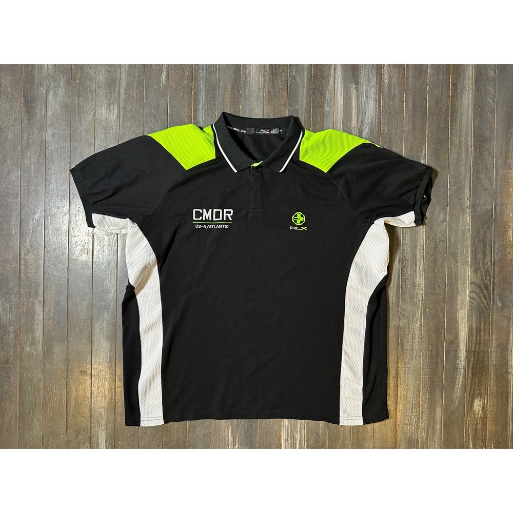 Ralph Lauren RLX CMDR US-N/Atlantic Polo Shirt Mens XL Black Neon Green Sport